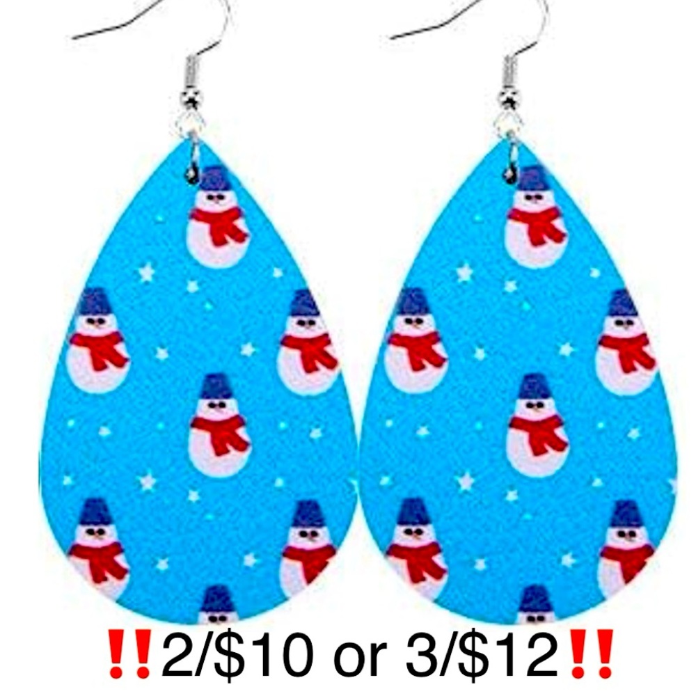 Faux Leather Teardrop Shaped Snowman Earrings